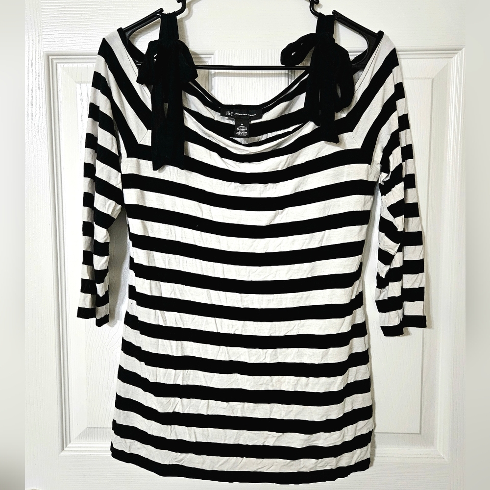 INC International Concepts Black & White Striped Cold Shoulder Top, Sz M